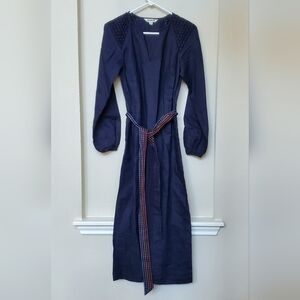 Boden Navy 100% Linen Long Sleeve Midi Smocked Dress.  Size 2